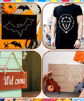 Collage of Halloween crafts, lion t-shirt, welcome sign, and children's bear-themed craft book.