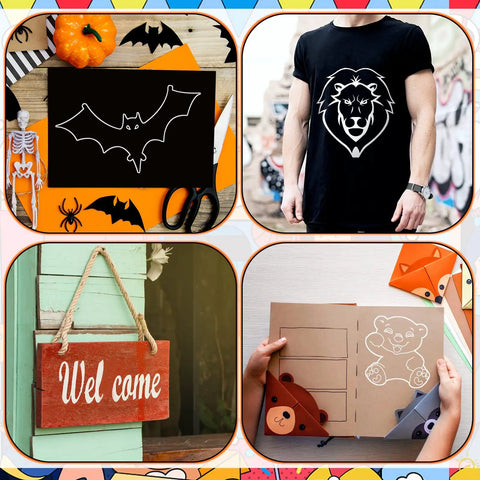 Collage of Halloween crafts, lion t-shirt, welcome sign, and children's bear-themed craft book.