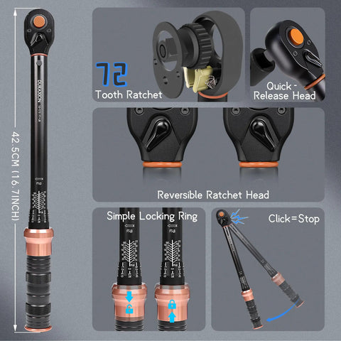 Half Inch Drive Torque Wrench Pro Grade With Dual Range Scales 10 To 170 Ft Lb 13.6 To 230.5 Nm details and features