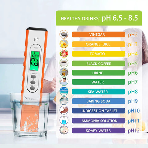 Digital pH Meter Tester Pen With 0.01 Precision, 0 To 14 pH Range, ATC, in orange, measuring pH in a glass with pH chart.
