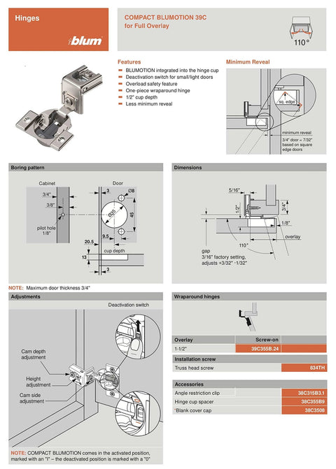 Compact Sleek BLUMOTION 39C Hinge With Soft Close Action, 110 Degree Opening, One And A Half Inch Overlay, Screw On Mount, Ideal For Face Frame Cabinets And Space Saving Tight Spaces, shown with diagrams and specifications.