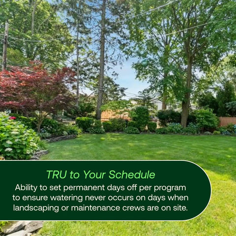 Lawn with trees and bushes, promoting Program-Based Indoor Irrigation Controller With WiFi Ready Capability And 6 Zone Scheduling