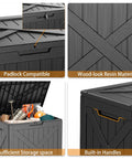 36 Gallon Outdoor Deck Box Waterproof Lockable Resin Storage Chest with padlock, wood-look material, and built-in handles.