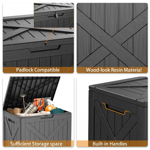 36 Gallon Outdoor Deck Box Waterproof Lockable Resin Storage Chest with padlock, wood-look material, and built-in handles.