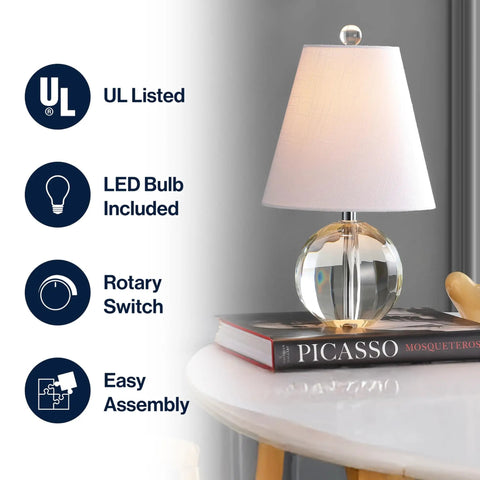 Clear Crystal Ball LED Table Lamp 16 Inches with White Linen Empire Shade on a round table; UL listed features visible.