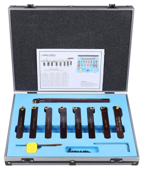 Accusize 9-piece indexable turning and boring tool set, 5/8 in shank, TiN-coated C6 inserts for steel, in a metal case