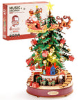 3D Puzzles For Adults Awesome Wooden Music Box Christmas Melody Tree 319 Piece Model Building Kit, assembled festive tree with Santa and gifts