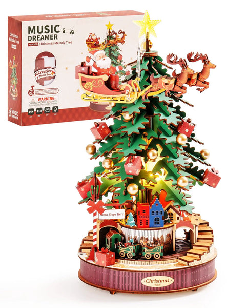 3D Puzzles For Adults Awesome Wooden Music Box Christmas Melody Tree 319 Piece Model Building Kit, assembled festive tree with Santa and gifts