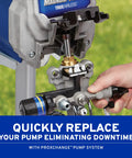 Pro Grade Airless Paint Sprayer With Fully Adjustable Pressure and a rugged stainless steel piston pump, close-up of pump replacement.