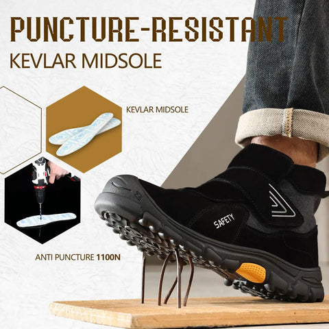 Men's Slip On Steel Toe Welding Work Boots With Hook And Loop Closure Rugged High Top Safety Boots For Welders on foot with Kevlar midsole displayed