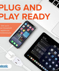 Two Prong Indoor Extension Cord With Three Polarized Outlets And Protective Plug Cover ETL Certified 16 Gauge 125 Volt Six Foot Long White Pack Of Three, connected to a laptop, phone, and tablet on a desk.
