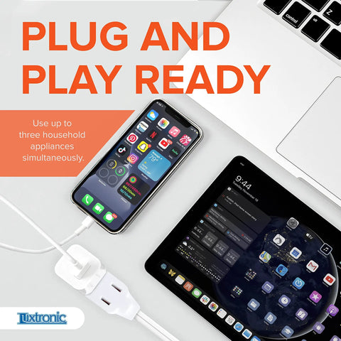 Two Prong Indoor Extension Cord With Three Polarized Outlets And Protective Plug Cover ETL Certified 16 Gauge 125 Volt Six Foot Long White Pack Of Three, connected to a laptop, phone, and tablet on a desk.