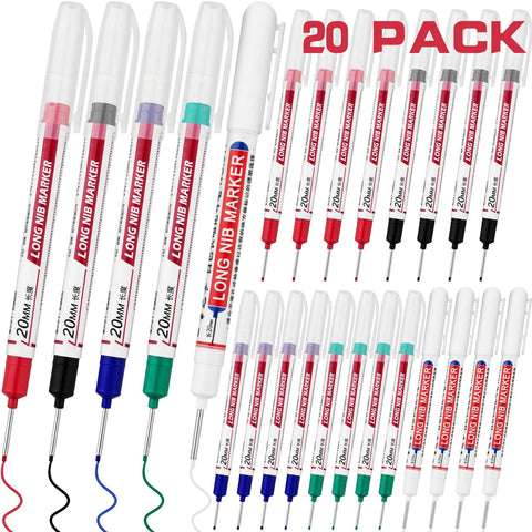 20 Pack Long Head Deep Hole Markers With 20mm Nibs Waterproof Permanent Metal Markers For Construction And Carpentry 5 Color Set