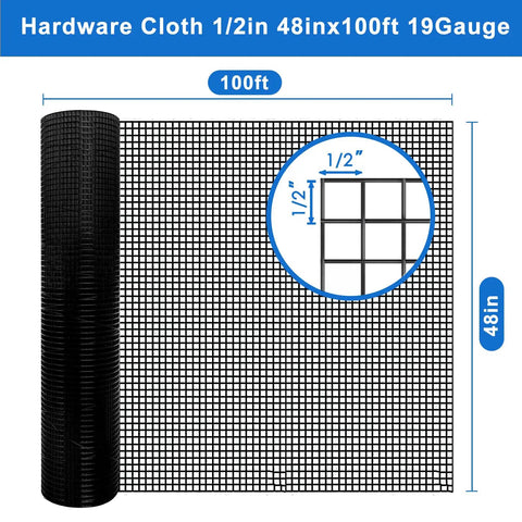 Heavy Duty Black Hardware Cloth Chicken Wire Roll 1/2 Inch Mesh 48 X 100 Feet Long 19 Gauge Coated Steel Fencing Display