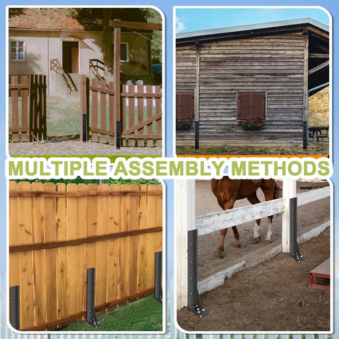 Heavy Duty Fence Post Repair Kit for Wood Posts with Ground Stakes and Post Anchors, multiple assembly methods shown
