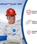 Person in Disposable Protective Coverall With Respirator Fit Hood And Elastic Cuffs For Non Hazardous Particles White X Large