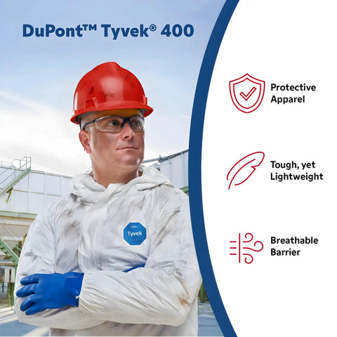 Man wearing DuPont Tyvek suit with red hard hat and blue gloves, showcasing disposable lab coat with open cuff and hood white X large 30 pack