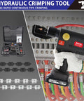Cordless Hydraulic Cable Crimper For 12AWG To 2/0AWG Wire With 20 Interchangeable Dies Dual Lithium Batteries in use for crimping.