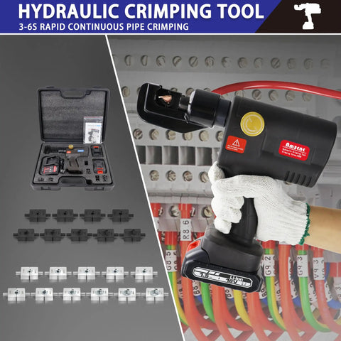 Cordless Hydraulic Cable Crimper For 12AWG To 2/0AWG Wire With 20 Interchangeable Dies Dual Lithium Batteries in use for crimping.