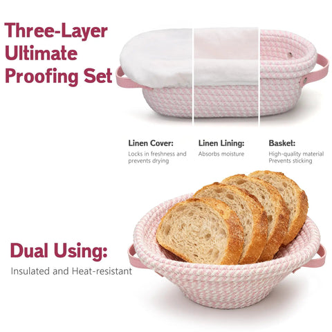 All-In-One Sourdough Gear With 2 Proving Baskets Oval And Round Starter Jar Dough Whisk Bench Scraper Lame Bread Sling And More A 22-Piece Complete Bake At Home Set For Artisan Bread Lovers The Perfect Gift For Women Moms Wives Bakers, pink three-layer proofing basket with linen cover, sliced bread inside.