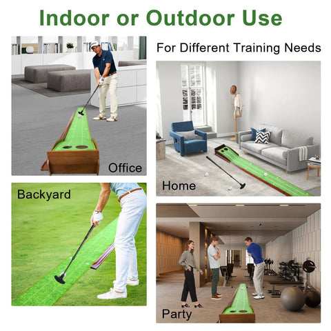 Indoor Outdoor Golf Putting Mat With Ball Return For Home Office Backyard Practice Green Training Includes Putter And Five Balls 9.84 Feet Long displayed in various settings