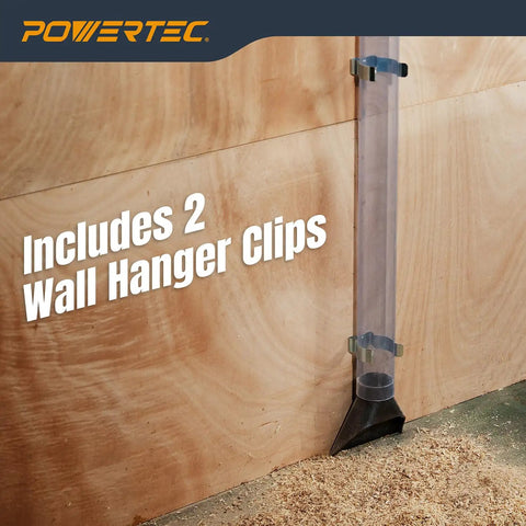 Two And A Half Inch Dust Collection Hose Floor Sweep Kit With 36 Inch Clear Tube, wall hanger clips securing tube to wall.