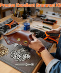 User operating All In One Grommets Tool Kit With Half Inch Grommets And Carrying Case Eyelet Punch Pliers Set for leather crafting.