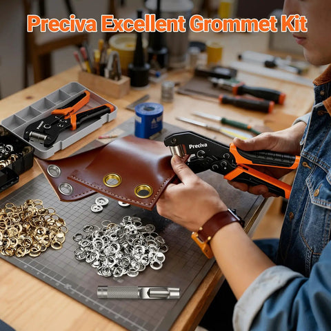 User operating All In One Grommets Tool Kit With Half Inch Grommets And Carrying Case Eyelet Punch Pliers Set for leather crafting.