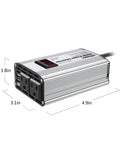 300W DC 12V To 110V Car Inverter With LED Display showing dimensions 4.9x3.1x1.8 inches, dual AC outlets, and USB ports.