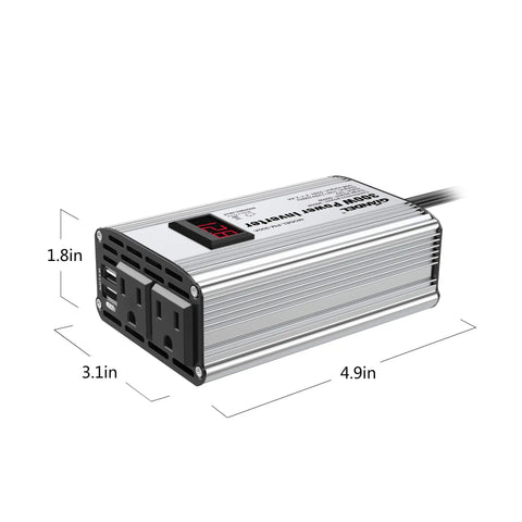 300W DC 12V To 110V Car Inverter With LED Display showing dimensions 4.9x3.1x1.8 inches, dual AC outlets, and USB ports.