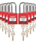Red OSHA Compliant Lockout Tagout Padlock Set With 10 Keyed-Different Locks And 20 Keys, visible in front view