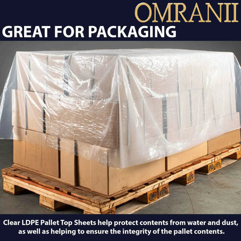 Clear LDPE Pallet Top Sheets 1 Mil Thick 60 X 60 Inch 250 Pack on pallets protecting boxes from dust and moisture.