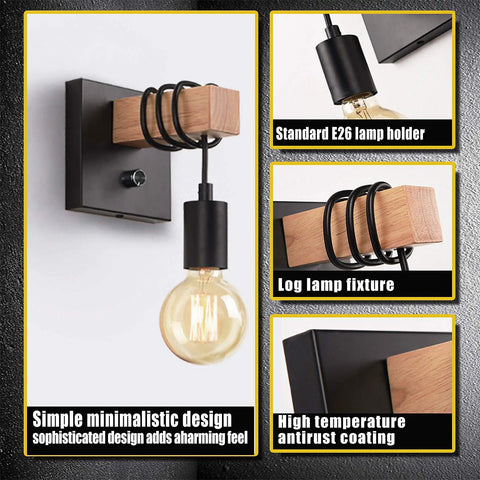 Dimmable Edison Style Black Wall Sconce With On Off Dimmer Switch, 1 Light Industrial Farmhouse Wall Lamp showcasing wood and metal design.