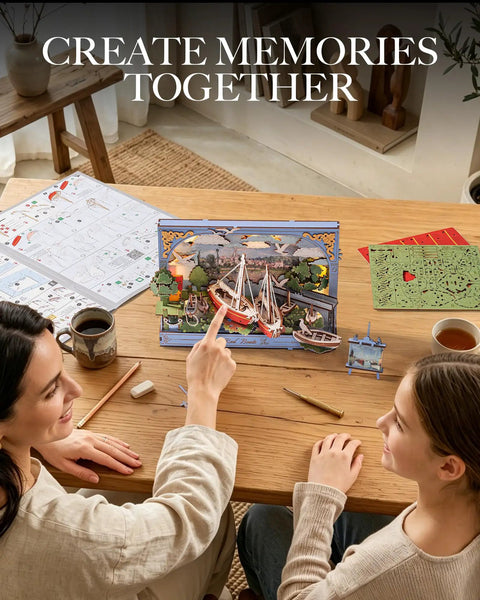 Monet Red Boats 3D Wooden Puzzle Kit For Adults With LED Light DIY Wall Art Craft Set Home Decor showing two women building a wooden boat scene