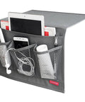 Slide Under Mattress Bedside Storage Caddy With Sturdy Oxford Cloth And Leather Trim Offers Three Breathable Mesh Pockets Plus Wide A4 Compartment, grey caddy with devices and essentials.
