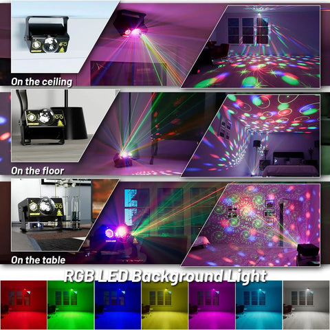Party Lights Dj Disco Ball Light With RGB LED Stage Strobe Projector Sound Activated Remote Control showcasing multi-angle usage.