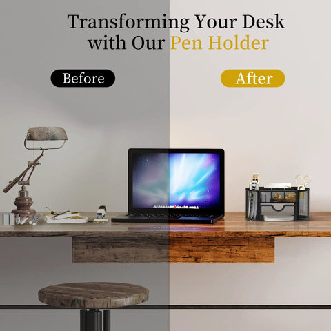 Before and after desk view with Mesh Desk Organizer With Drawers, 9 Compartments Pencil Holder For Desk, 8.6 x 4.3 x 4.1 inches, Black.