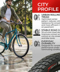 Man riding bike with 700x35c Foldable Tire Set 37-622 For City Commuter And Hybrid Bikes With 60 TPI Nylon Anti-Puncture Protection