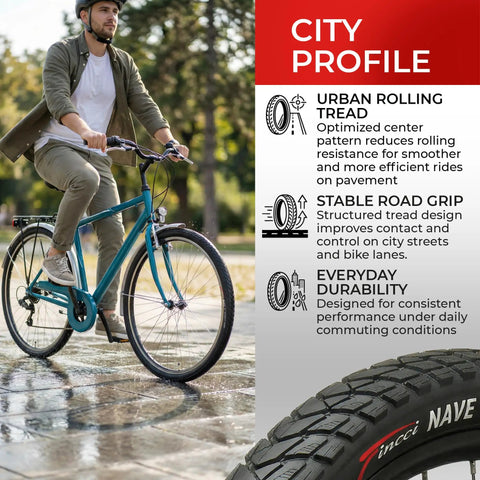 Man riding bike with 700x35c Foldable Tire Set 37-622 For City Commuter And Hybrid Bikes With 60 TPI Nylon Anti-Puncture Protection