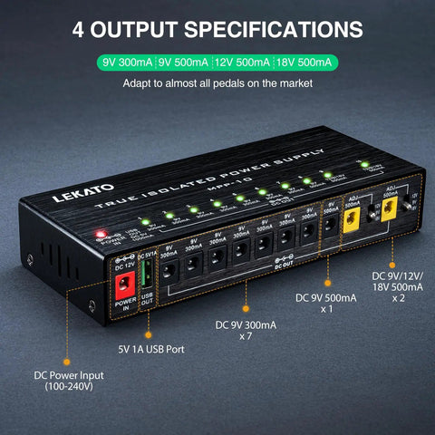 True Isolated Guitar Pedal Power Supply With Ten Outputs Quiet Noise Free Rig Power 9V 12V And 18V DC Options USB Port