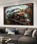 Old School Steampunk Steam Train Canvas Wall Art With Black Framed Finish Antique Locomotive Poster For Living Room Or Bedroom Decor 48 By 32 Inches Canvas Print Rich Colors And Intricate Gear Details on a wall above a sofa.