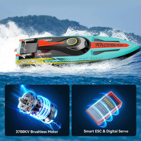Brushless RC Boat 40MPH Beast With Self Righting LED Lights Fishing Function 19 Inch High Speed Racing Boat For Salt Water Lake Or River Easy Carry Bag Great For Adults And Kids racing on water with motor and servo details