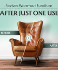 Premium Leather Furniture Salve And Deep Conditioner Set With Brush To Smooth Couches Sofas And Vinyl Get That Slick Shine Back Repair Scuffs In No Time 4oz before and after shot of a restored brown leather armchair
