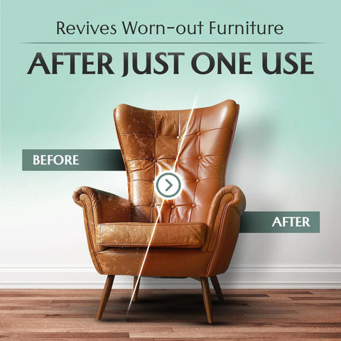 Premium Leather Furniture Salve And Deep Conditioner Set With Brush To Smooth Couches Sofas And Vinyl Get That Slick Shine Back Repair Scuffs In No Time 4oz before and after shot of a restored brown leather armchair