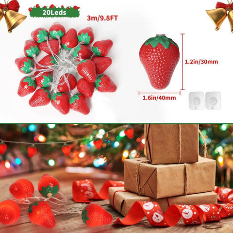 Warm Strawberry String Lights 10 Foot With 20 LEDs Battery Powered Indoor Outdoor Decor coiled next to Christmas gifts