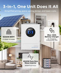 Top Shelf 48V 6000W Hybrid Solar Inverter Paired With 100Ah LiFePO4 Wall Mount Battery Kit for home backup in modern setting.