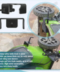 Universal Mower Blade Removal Tool And Clamp holding mower blade on 42 inch deck for walk-behind and riding mowers.