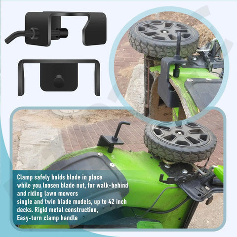 Universal Mower Blade Removal Tool And Clamp holding mower blade on 42 inch deck for walk-behind and riding mowers.