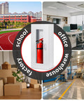 Collage showing Built Tough White Steel Fire Extinguisher Cabinet With Lock Wall Or Surface Mount For 5 To 12 Pound Extinguishers in various settings