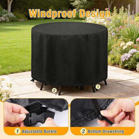 Outdoor Round Bar Height Table And Chair Cover 90 Inch Diameter By 43 Inch High Waterproof No Fuss Patio Furniture Cover displayed in garden